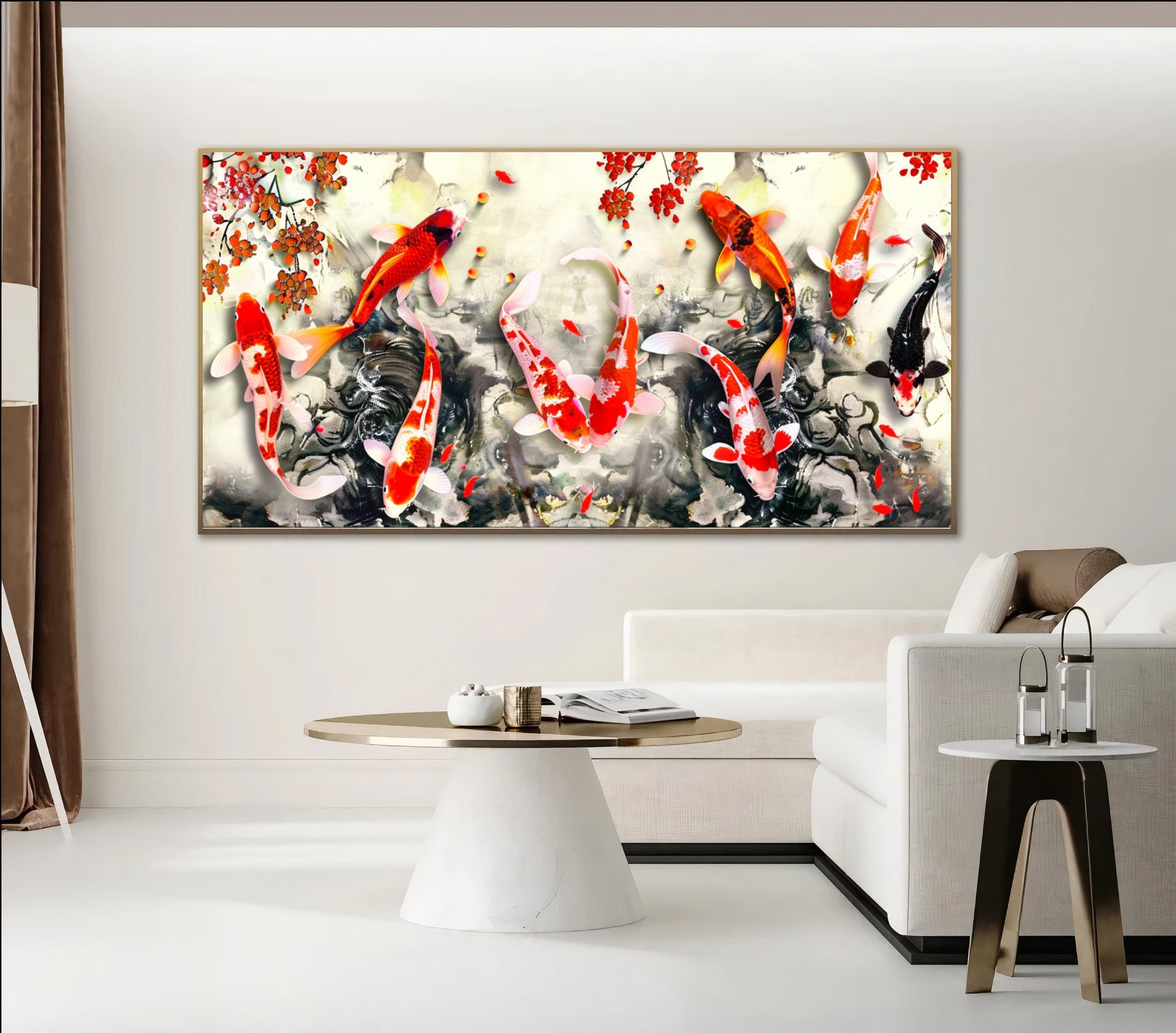 Serene Koi Pond - Vibrant Nine Koi Fish Canvas Art with Cherry Blossoms, Print on Canvas