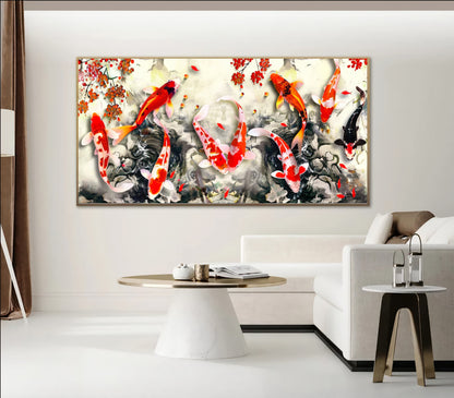 Serene Koi Pond - Vibrant Nine Koi Fish Canvas Art with Cherry Blossoms, Print on Canvas