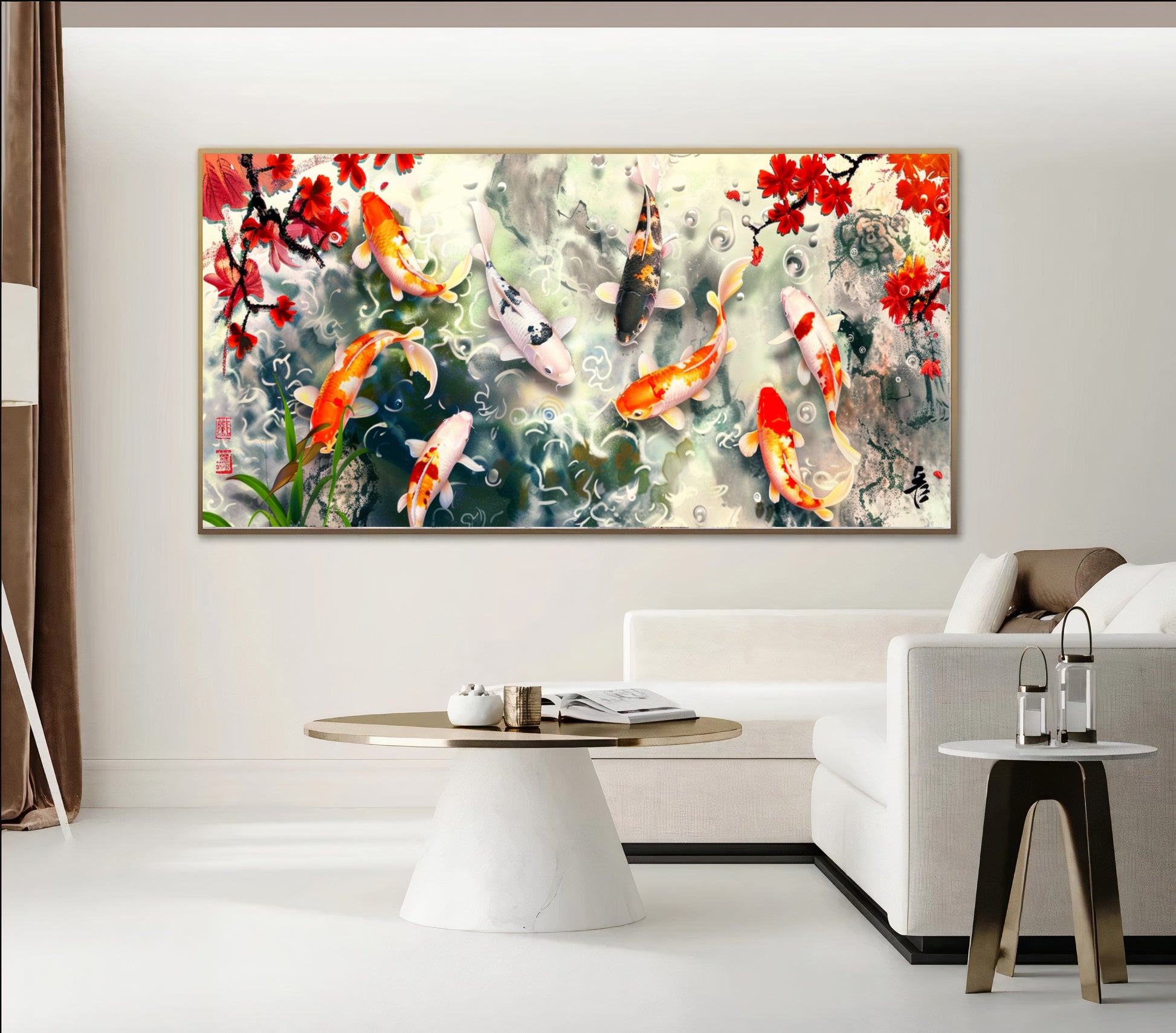 Serene Koi Pond - Vibrant Nine Koi Fish Canvas Art with Cherry Blossoms, Print on Canvas