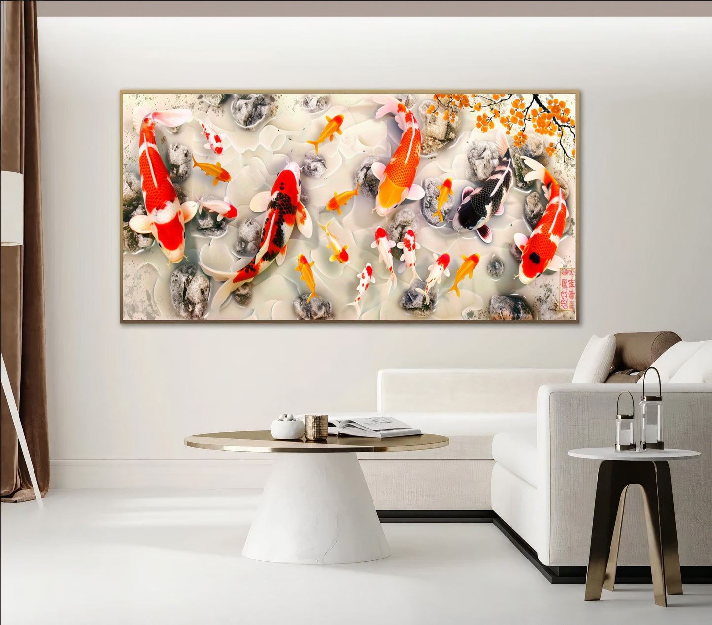 Serene Koi Pond - Vibrant Nine Koi Fish Canvas Art with Cherry Blossoms, Print on Canvas