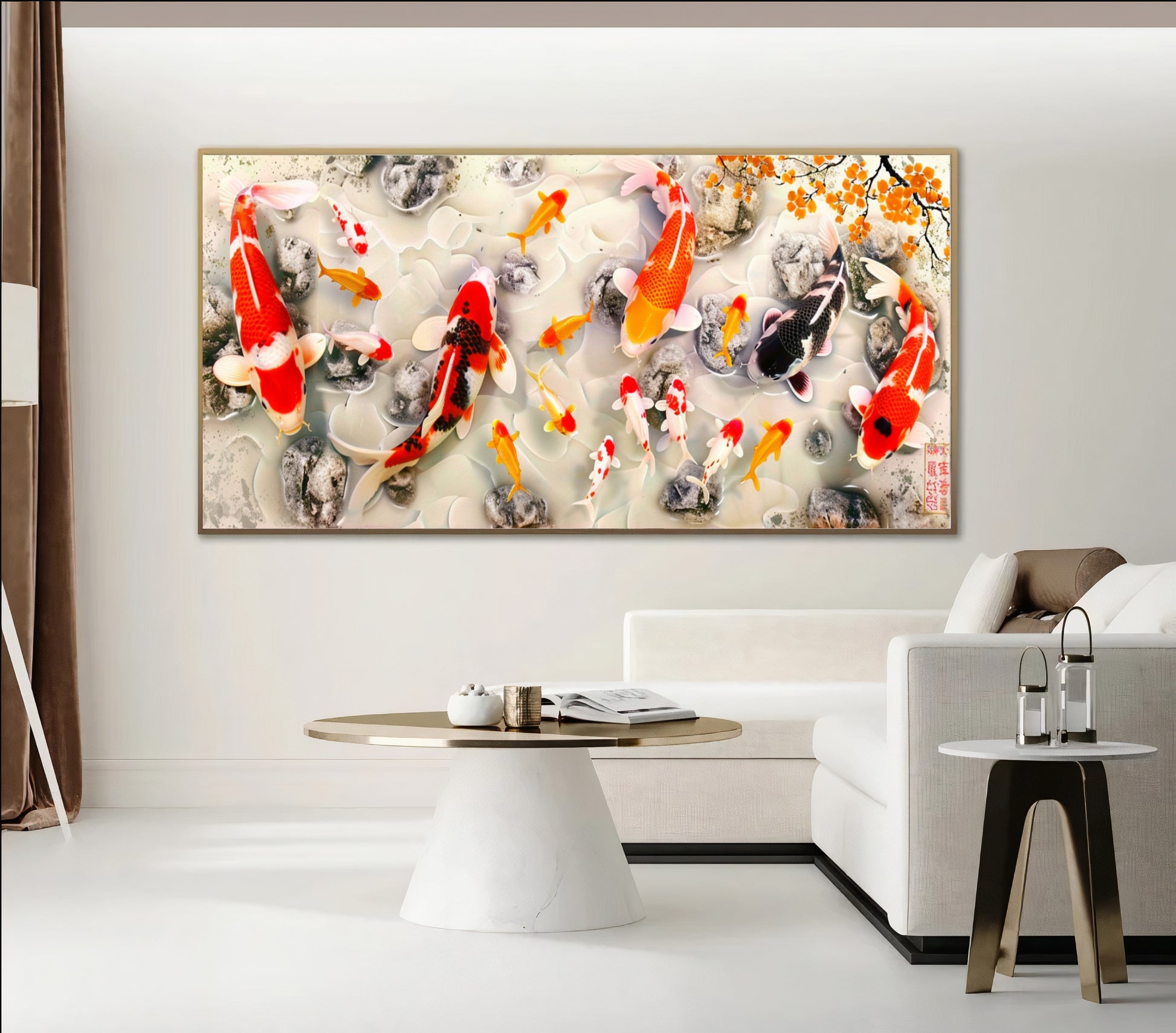 Serene Koi Pond - Vibrant Nine Koi Fish Canvas Art with Cherry Blossoms, Print on Canvas