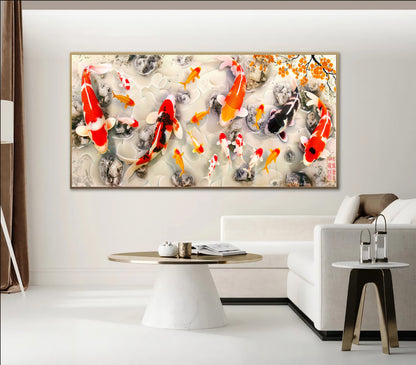 Serene Koi Pond - Vibrant Nine Koi Fish Canvas Art with Cherry Blossoms, Print on Canvas