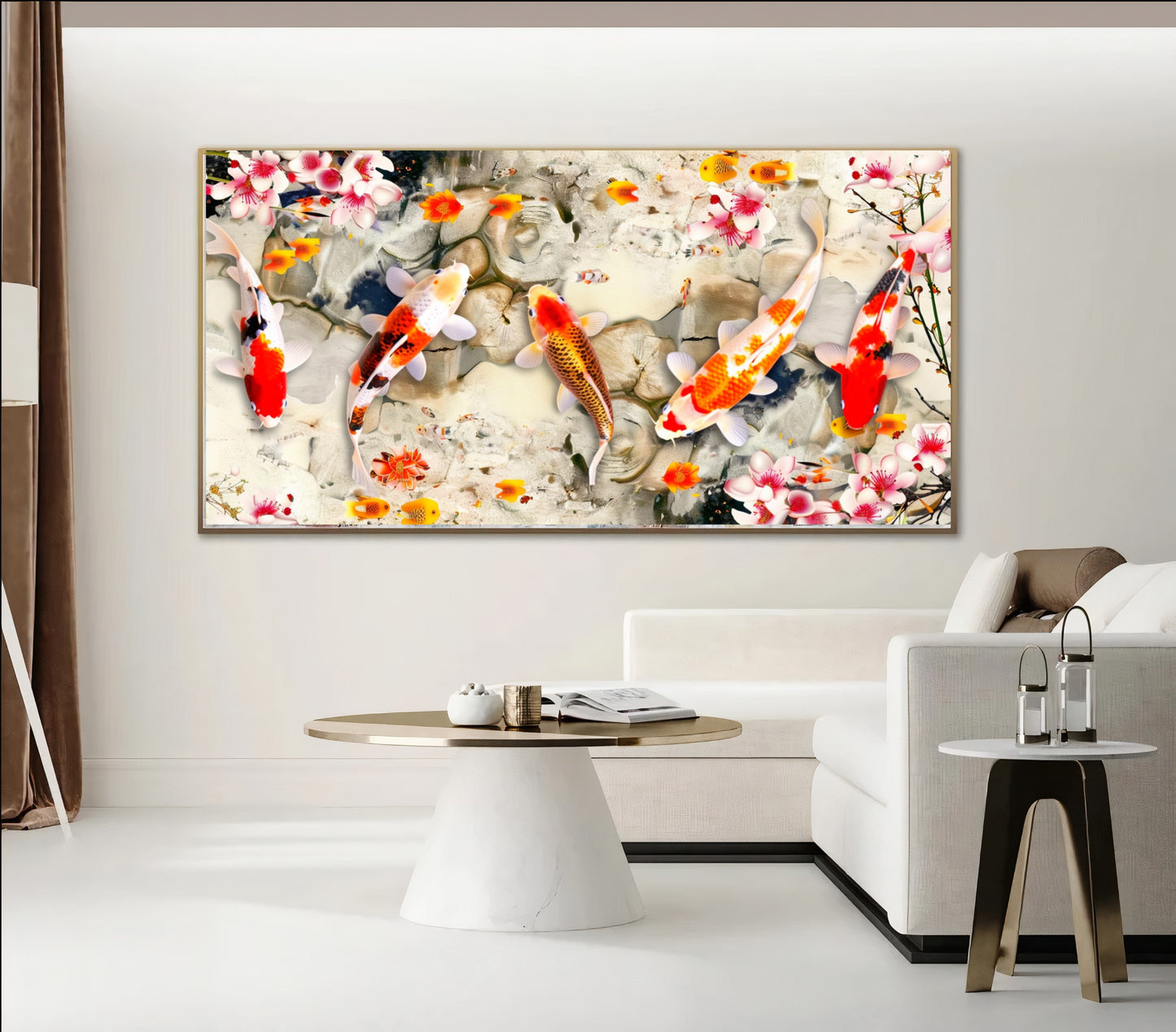 Serene Koi Pond - Vibrant Nine Koi Fish Canvas Art with Cherry Blossoms, Print on Canvas