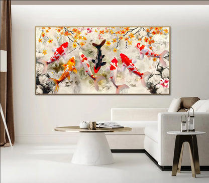 Serene Koi Pond - Vibrant Nine Koi Fish Canvas Art with Cherry Blossoms, Print on Canvas