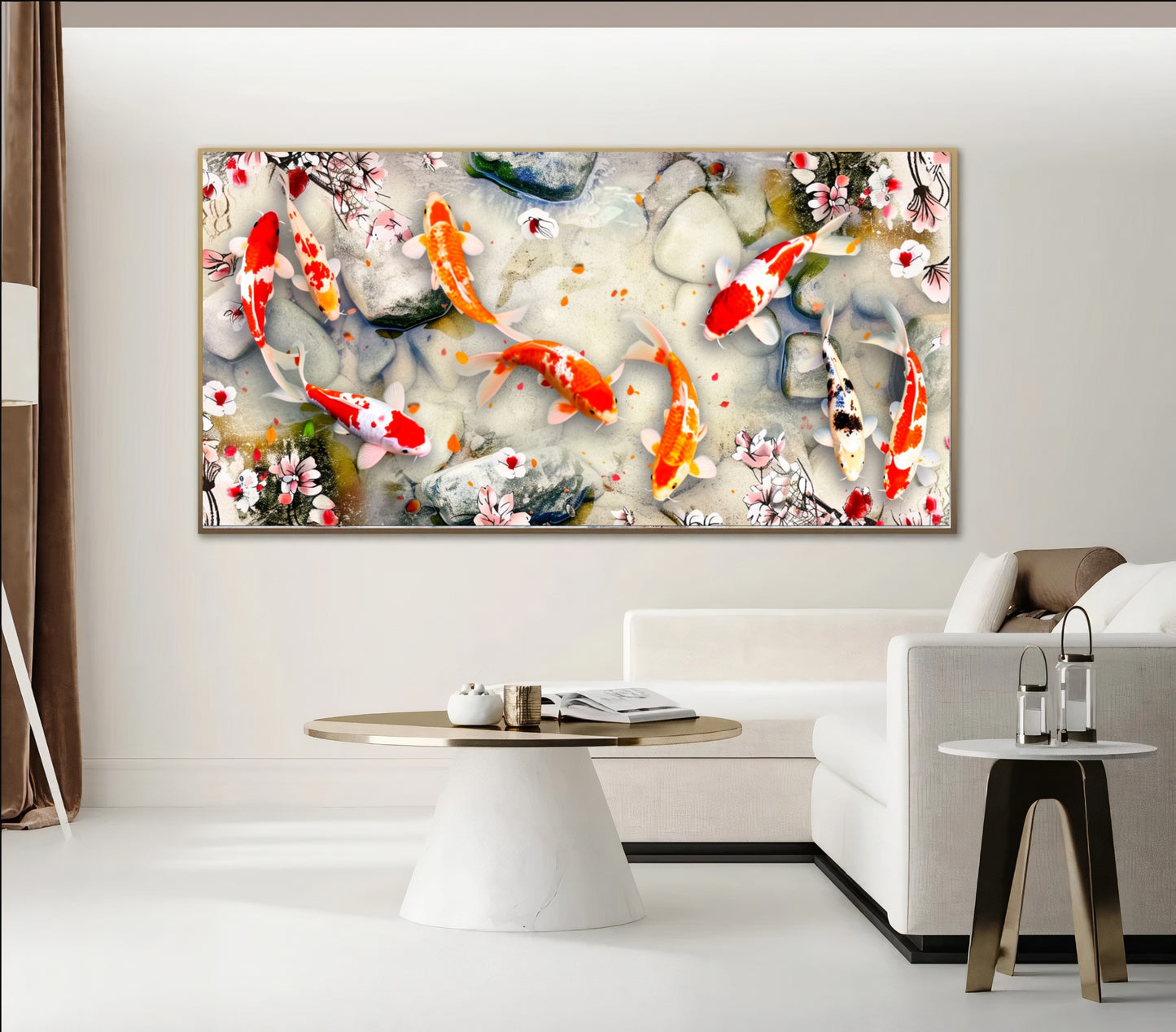 Serene Koi Pond - Vibrant Nine Koi Fish Canvas Art with Cherry Blossoms, Print on Canvas