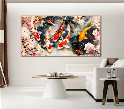 Serene Koi Pond - Vibrant Nine Koi Fish Canvas Art with Cherry Blossoms, Print on Canvas