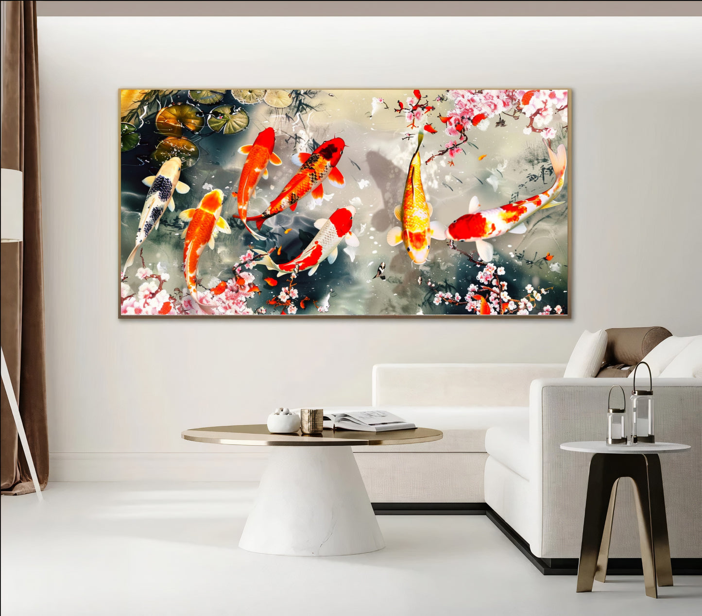 Serene Koi Pond - Vibrant Nine Koi Fish Canvas Art with Cherry Blossoms, Print on Canvas