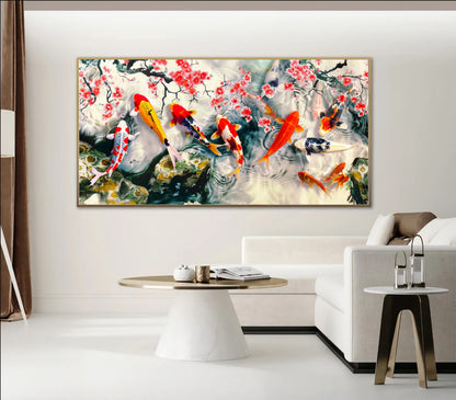 Serene Koi Pond - Vibrant Nine Koi Fish Canvas Art with Cherry Blossoms, Print on Canvas