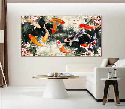 Serene Koi Pond - Vibrant Nine Koi Fish Canvas Art with Cherry Blossoms, Print on Canvas