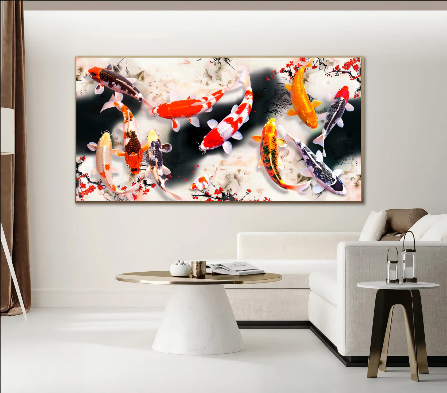 Serene Koi Pond - Vibrant Nine Koi Fish Canvas Art with Cherry Blossoms, Print on Canvas