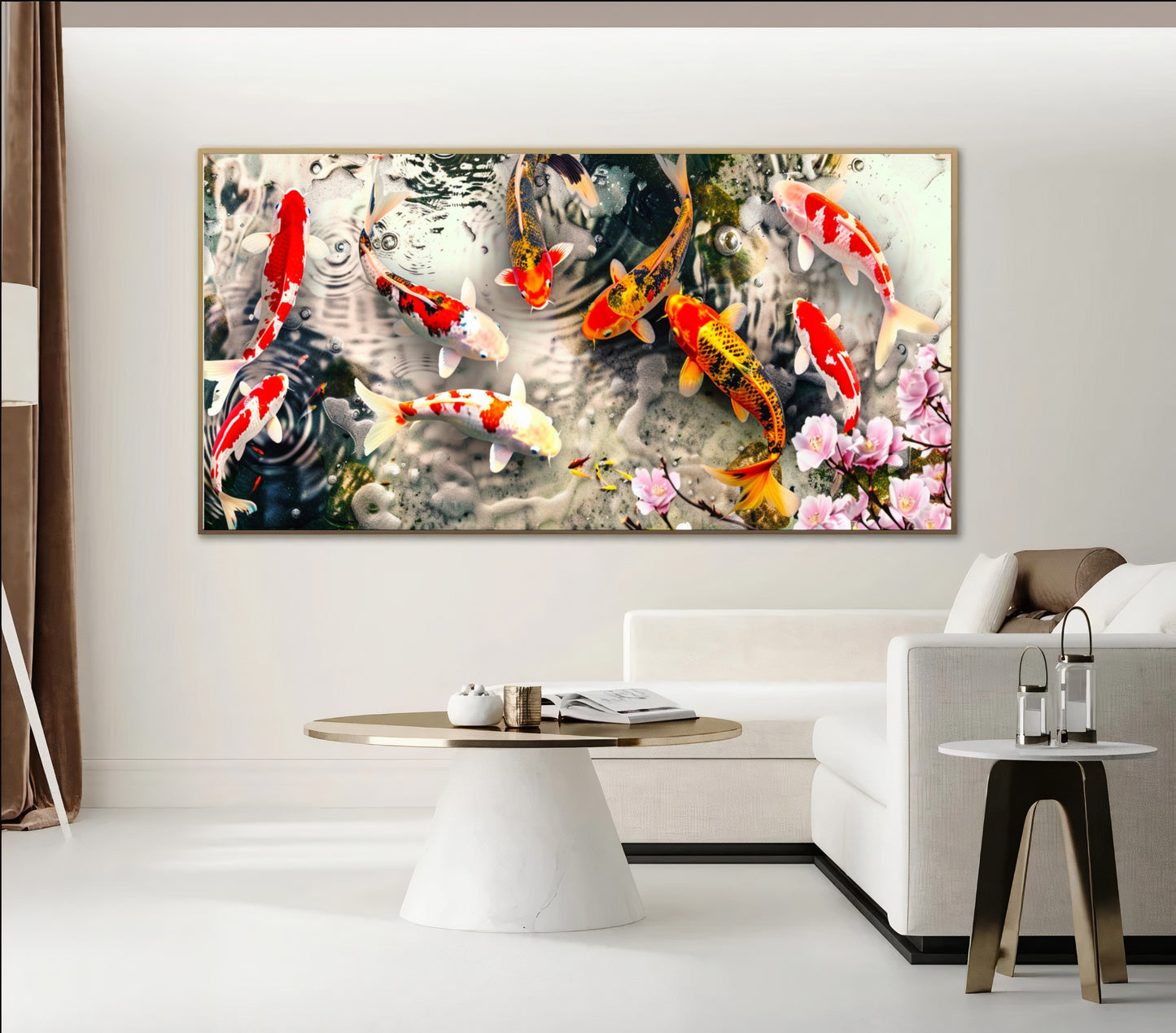 Serene Koi Pond - Vibrant Nine Koi Fish Canvas Art with Cherry Blossoms, Print on Canvas