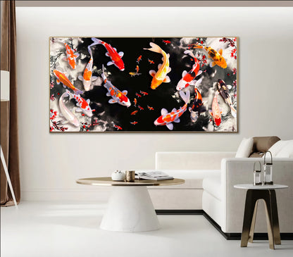 Serene Koi Pond - Vibrant Nine Koi Fish Canvas Art with Cherry Blossoms, Print on Canvas