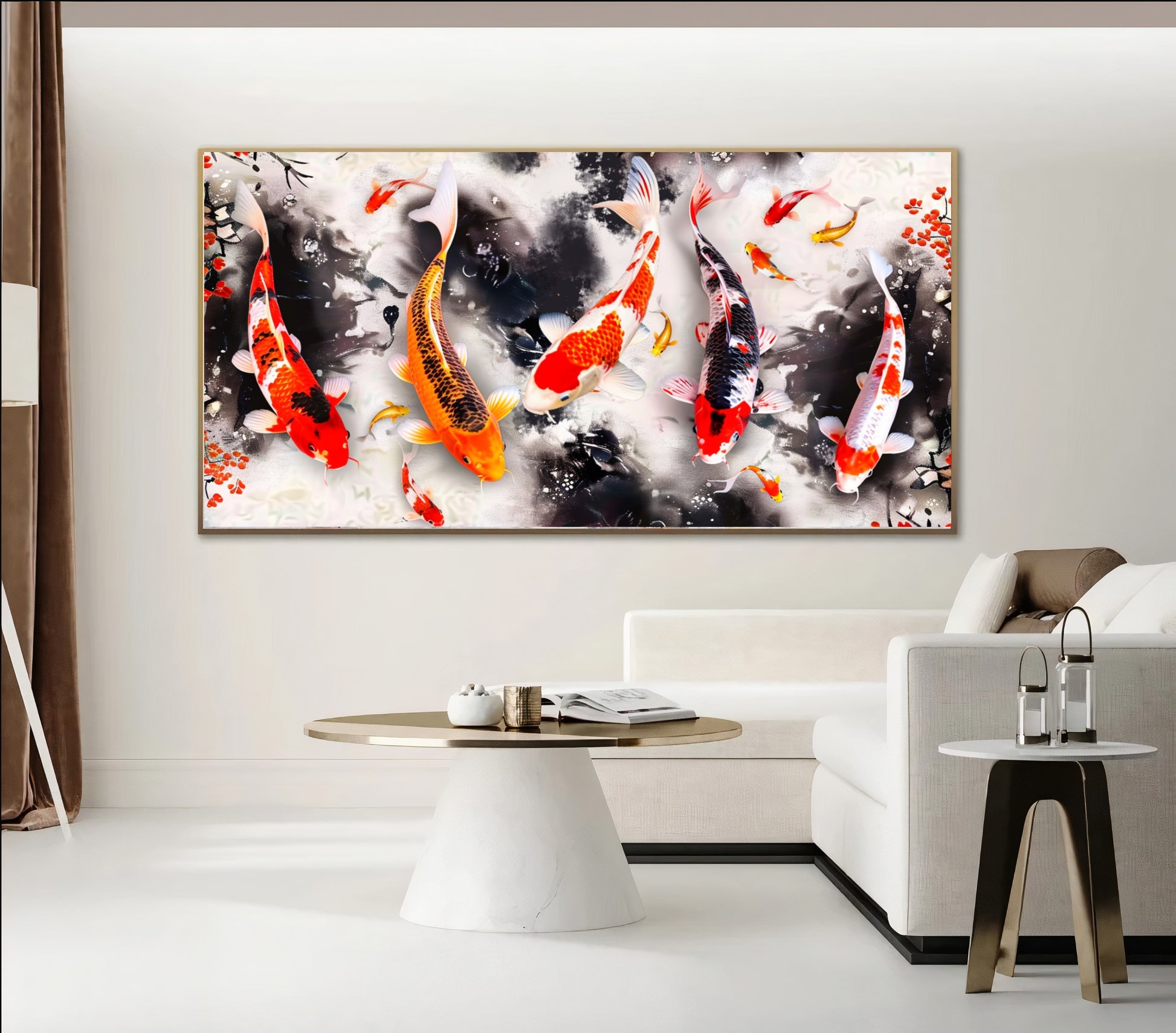 Serene Koi Pond - Vibrant Nine Koi Fish Canvas Art with Cherry Blossoms, Print on Canvas