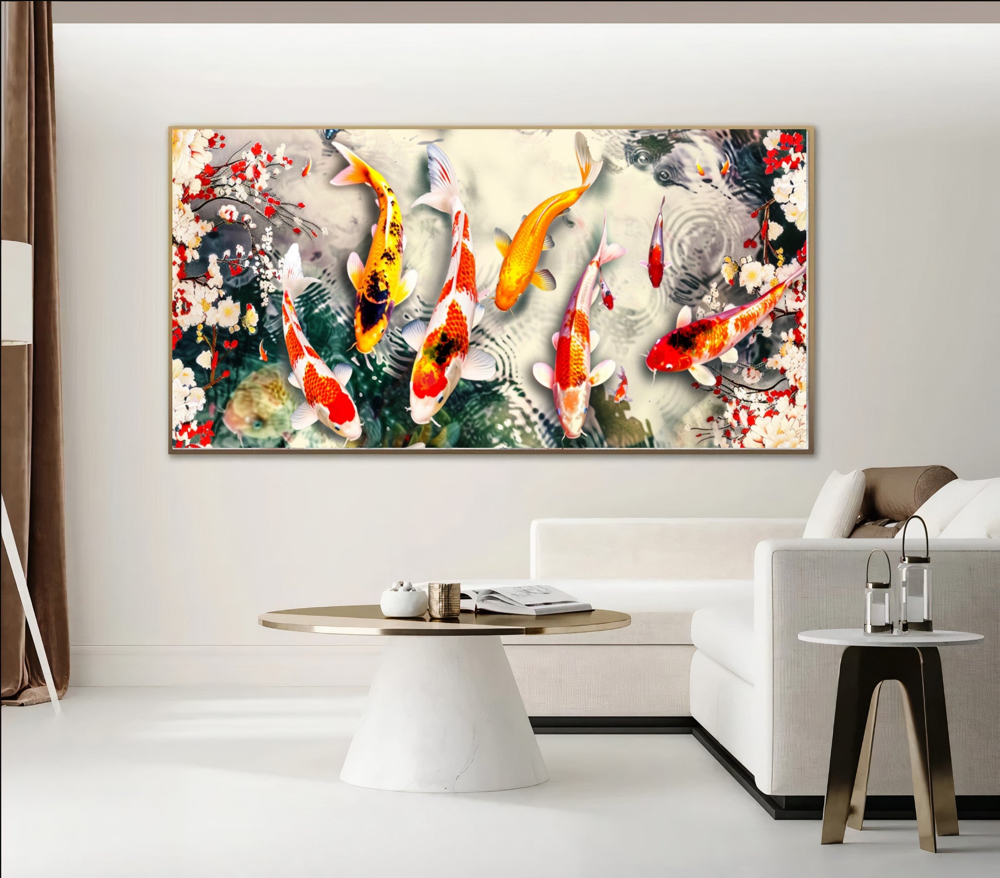 Serene Koi Pond - Vibrant Nine Koi Fish Canvas Art with Cherry Blossoms, Print on Canvas