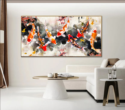 Serene Koi Pond - Vibrant Nine Koi Fish Canvas Art with Cherry Blossoms, Print on Canvas