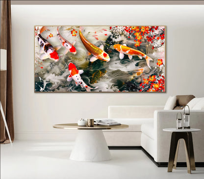 Serene Koi Pond - Vibrant Nine Koi Fish Canvas Art with Cherry Blossoms, Print on Canvas