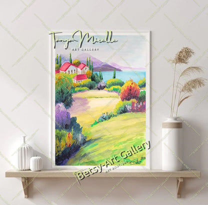 Vibrant Mediterranean Landscape Watercolor Painting, No Frame {{ shop_name }}watercolor art print birthday gift blooming garden art botanical print colorful painting floral art floral painting garden painting gift for mom mediterranean art mediterranean landscape painting nature painting paper painting small painting wall art home decor watercolor floral watercolor flowers watercolor landscape watercolor painting wildflowers painting