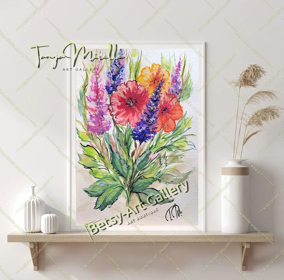 Garden Flowers Watercolor Painting, Botanical Wall Art No Frame {{ shop_name }}watercolor art print birthday gift blooming garden art botanical print colorful painting floral art floral painting garden painting gift for mom mediterranean art nature painting paper painting small painting wall art home decor watercolor floral watercolor flowers watercolor landscape watercolor painting wildflowers painting