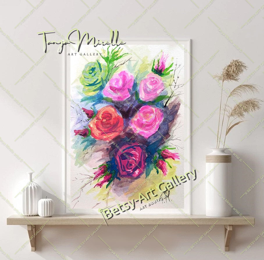 Garden Roses Watercolor Painting, Original Wall Art, No Frame {{ shop_name }}watercolor art print birthday gift blooming garden art botanical print colorful painting floral art floral painting garden painting garden roses painting gift for mom nature painting paper painting small painting wall art home decor watercolor floral watercolor flowers watercolor landscape watercolor painting wildflowers painting