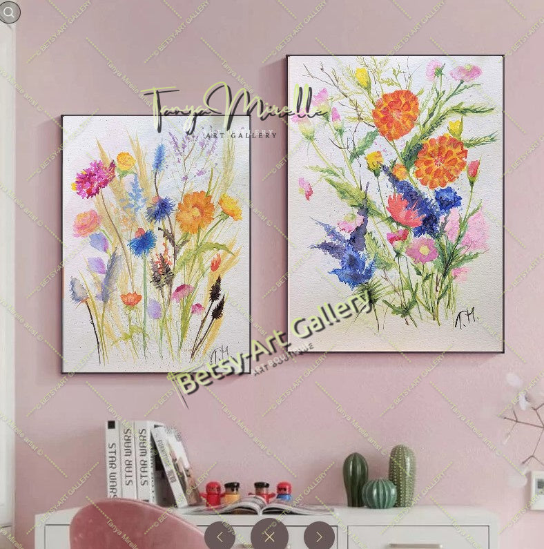 Botanical Flowers Wall Art, Watercolor Painting of Mediterranean – Large – Oil on Canvas – {{ product.title }} canvas artwork by Tanya Mirelle – modern wall decor – original artwork for home, living room, office, or gallery – original artwork by BETSY-ART GALLERY