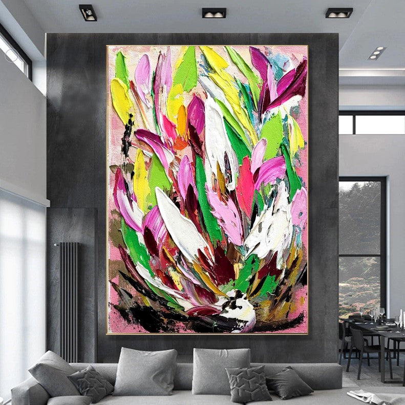 Large Modern Abstract Painting, Vibrant Floral Impasto Wall Art, Oil Painting on Canvas