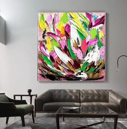 Large Modern Abstract Painting, Vibrant Floral Impasto Wall Art, Oil Painting on Canvas