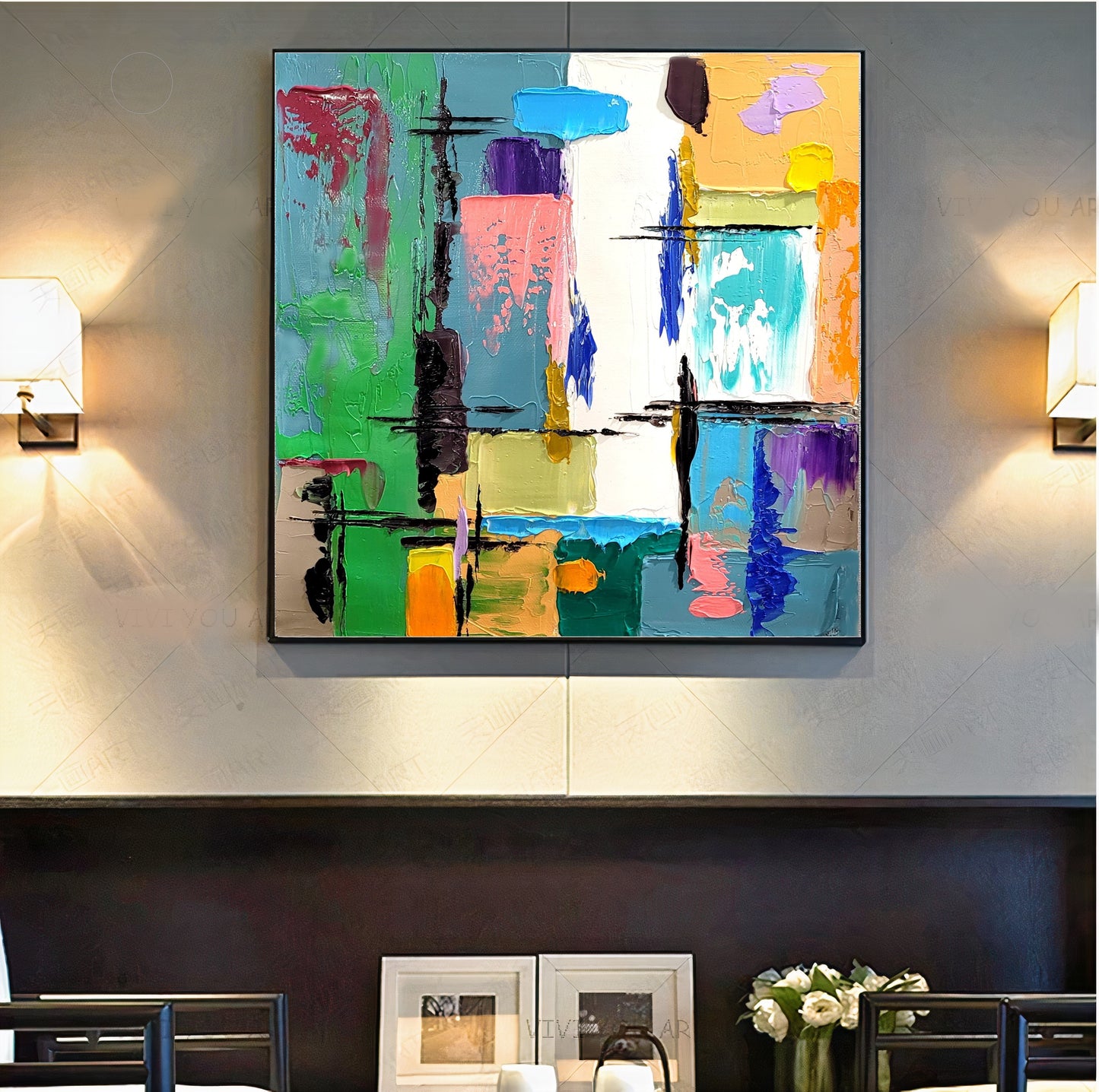 Modern Abstract Art for Living room, Geometric Impasto Oil Painting on Canvas