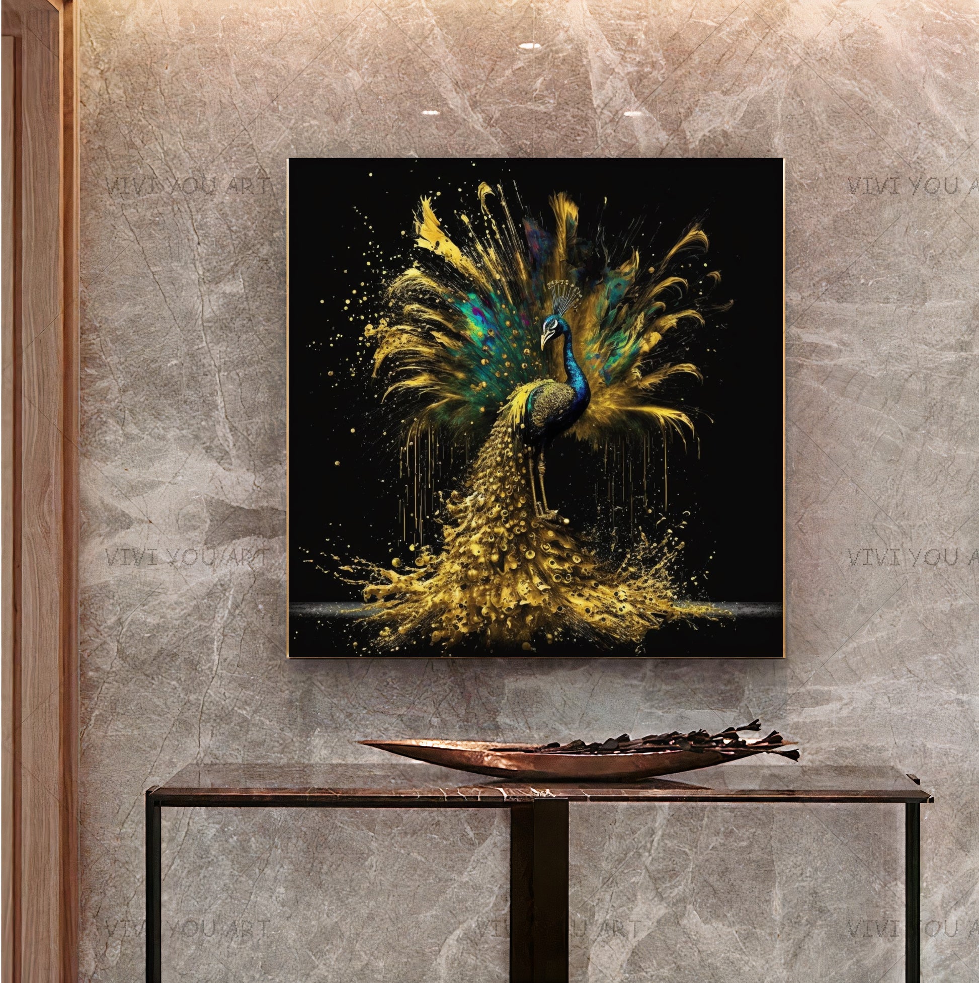 Golden Peacock Splendor - Majestic Canvas Print of Regal Bird