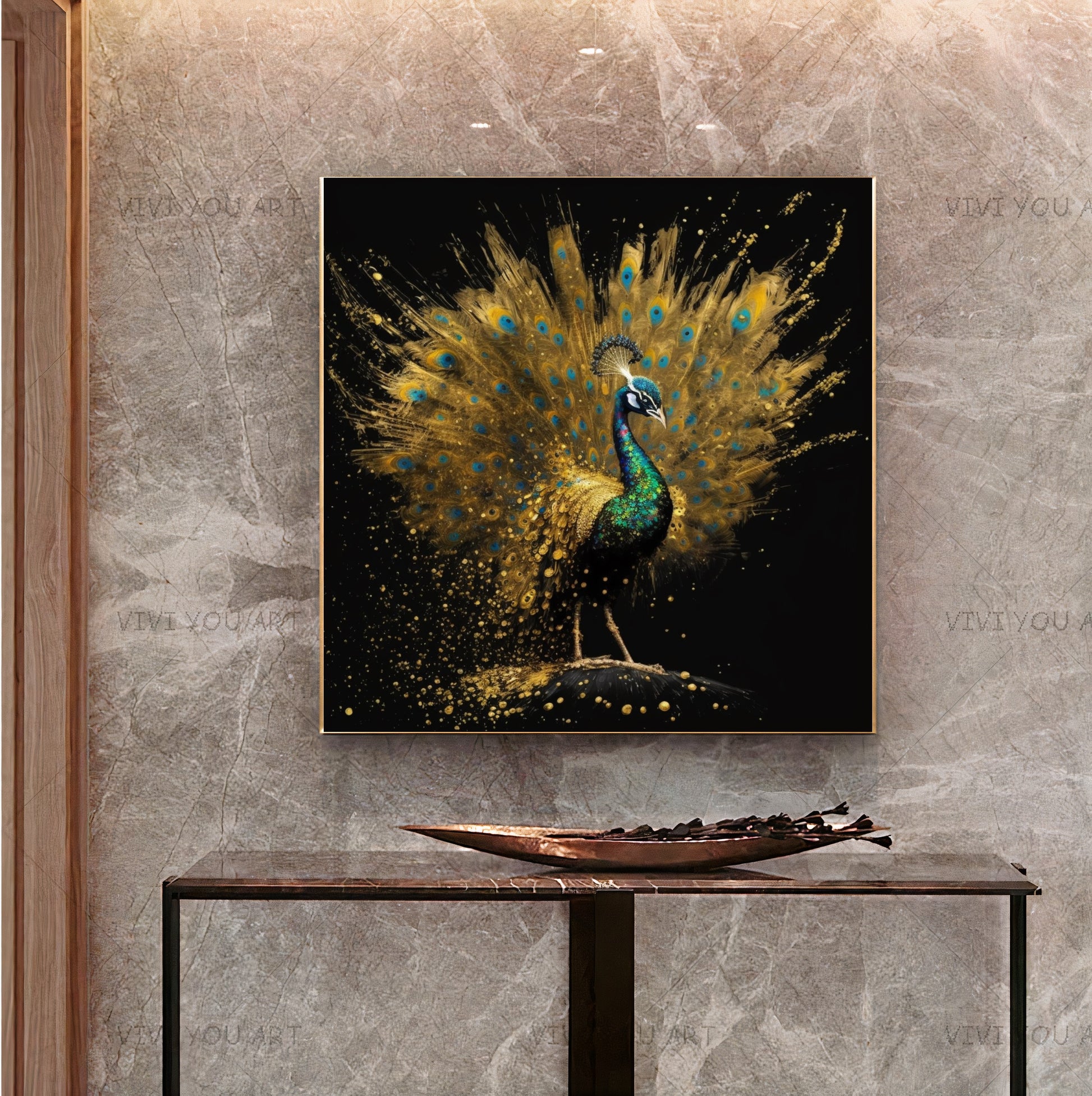 Golden Peacock Splendor - Majestic Canvas Print of Regal Bird