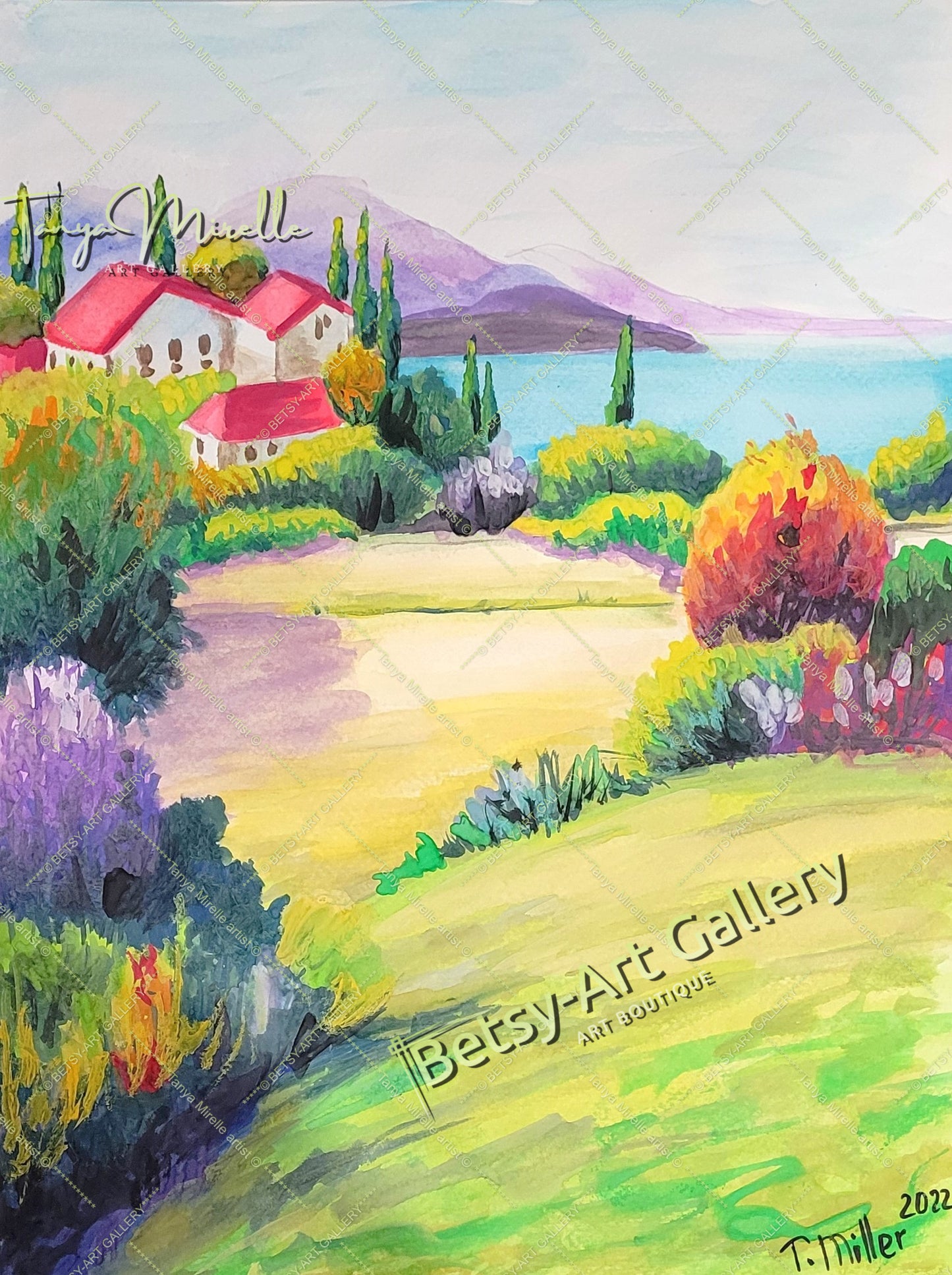 Vibrant Mediterranean Landscape Watercolor Painting, No Frame {{ shop_name }}watercolor art print birthday gift blooming garden art botanical print colorful painting floral art floral painting garden painting gift for mom mediterranean art mediterranean landscape painting nature painting paper painting small painting wall art home decor watercolor floral watercolor flowers watercolor landscape watercolor painting wildflowers painting