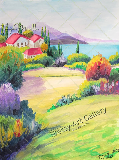 Vibrant Mediterranean Landscape Watercolor Painting, No Frame {{ shop_name }}watercolor art print birthday gift blooming garden art botanical print colorful painting floral art floral painting garden painting gift for mom mediterranean art mediterranean landscape painting nature painting paper painting small painting wall art home decor watercolor floral watercolor flowers watercolor landscape watercolor painting wildflowers painting