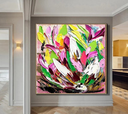 Large Modern Abstract Painting, Vibrant Floral Impasto Wall Art, Oil Painting on Canvas