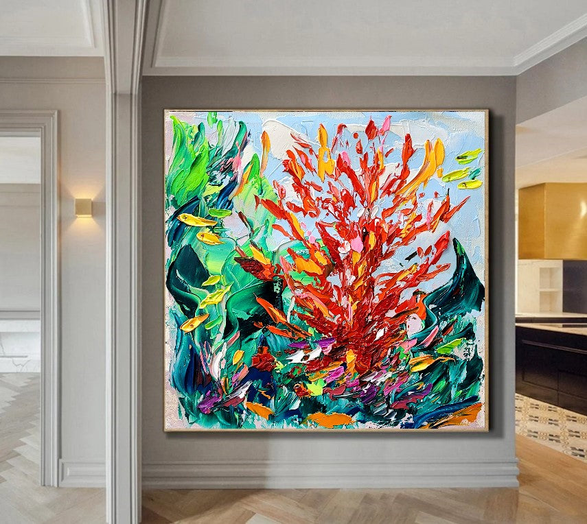 Modern Abstract Painting for Living room, Underwater World, Red Corall Art, Impasto Oil Painting on Canvas