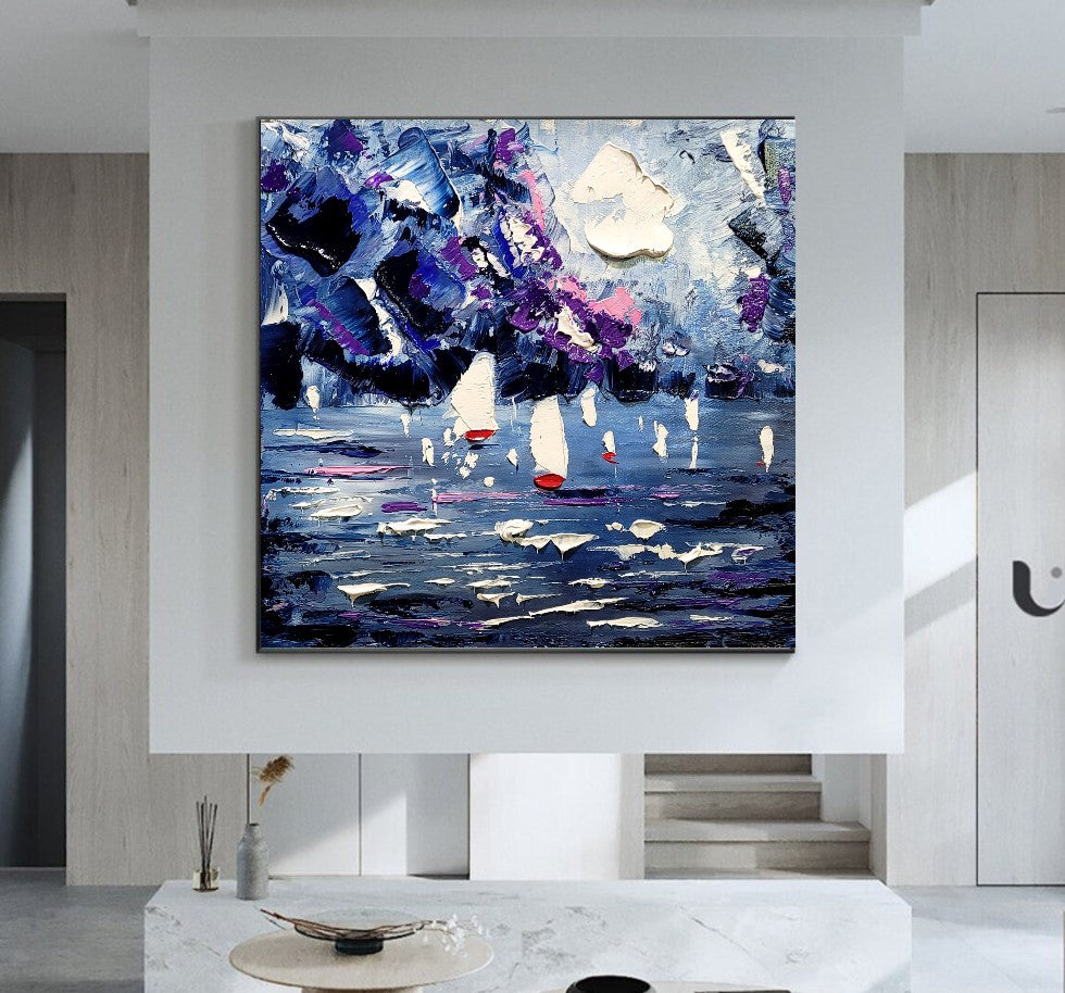 Seascape Painting, Abstract Wall Art, Modern Impasto Oil Painting on Canvas