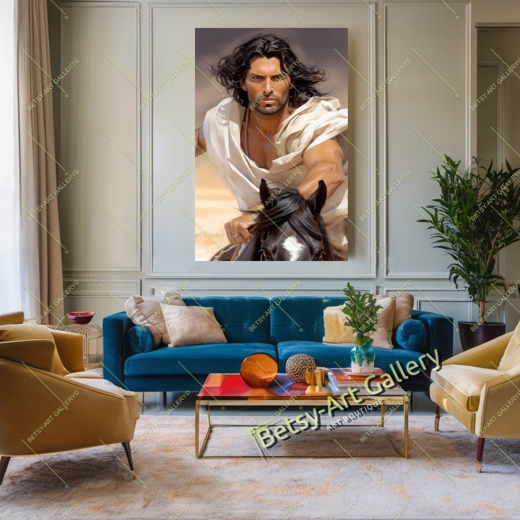 Arabian Man on a Racing Horse Canvas Print – Large – Oil on Canvas – {{ product.title }} canvas artwork by Tanya Mirelle – modern wall decor – original artwork for home, living room, office, or gallery – original artwork by BETSY-ART GALLERY