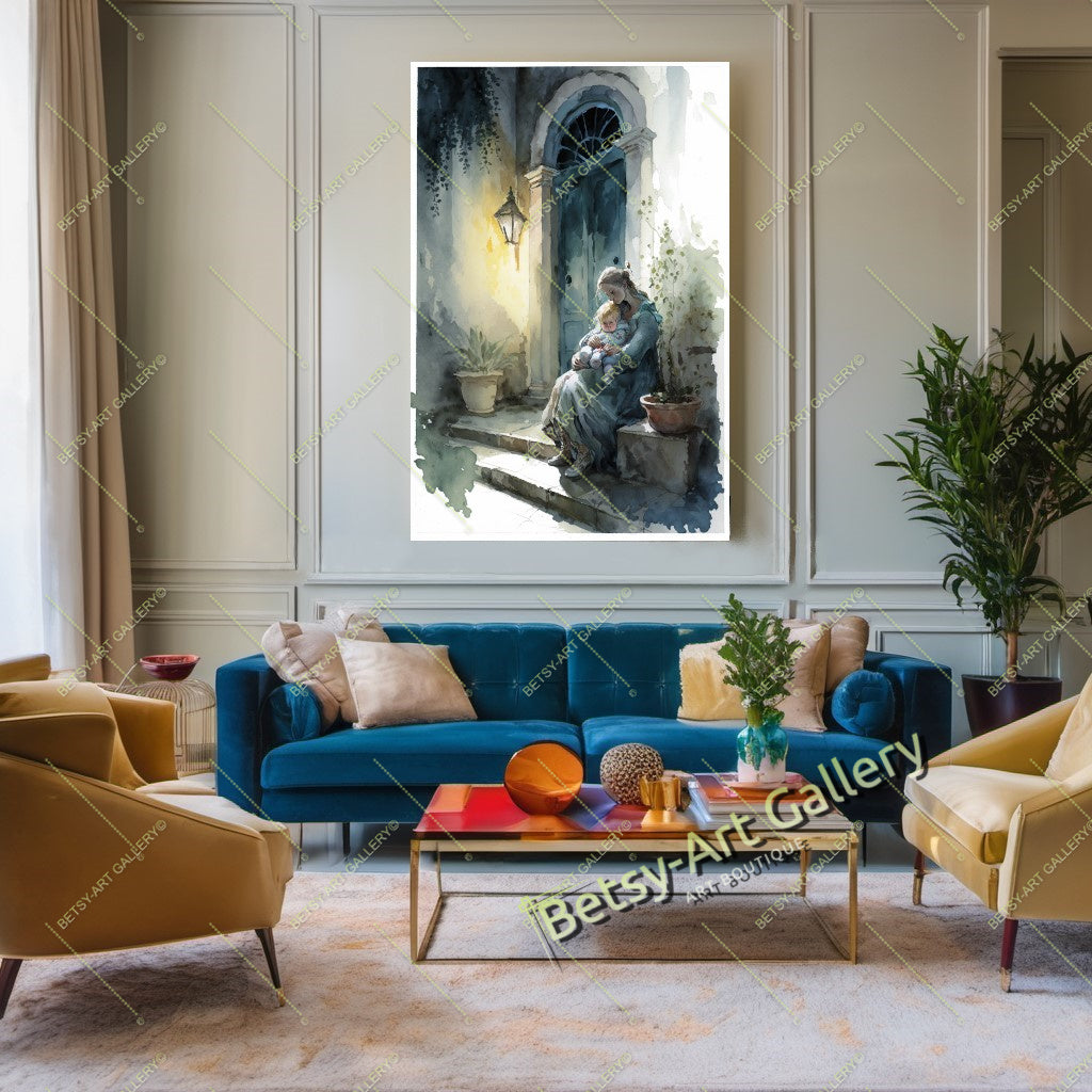 Ancient Mediterranean Landscape Canvas Print: Woman with Baby – Large – Oil on Canvas – {{ product.title }} canvas artwork by Tanya Mirelle – modern wall decor – original artwork for home, living room, office, or gallery – original artwork by BETSY-ART GALLERY