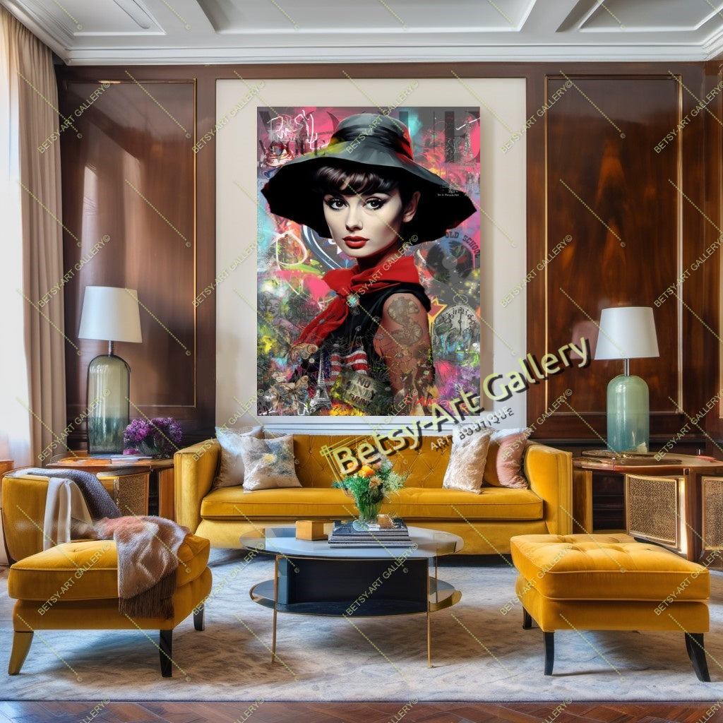 Audrey Hepburn and Brigitte - Modern Iconic Pop Art Canvas Print – Large – Oil on Canvas – {{ product.title }} canvas artwork by Tanya Mirelle – modern wall decor – original artwork for home, living room, office, or gallery – original artwork by BETSY-ART GALLERY