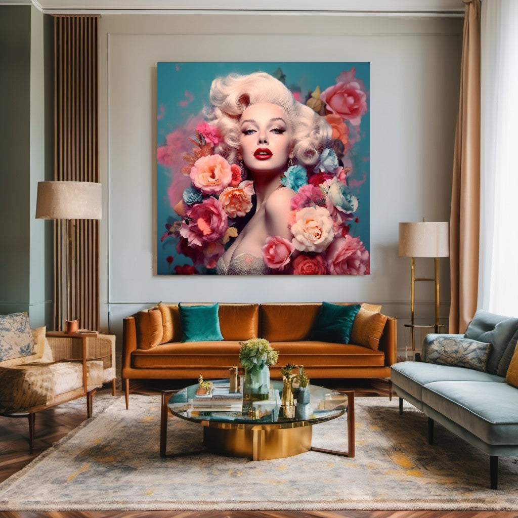 Floral Marilyn Monroe Art - Modern Pop Art Print on Canvas Stretched/Rolled – Large – Oil on Canvas – {{ product.title }} canvas artwork by Tanya Mirelle – modern wall decor – original artwork for home, living room, office, or gallery – original artwork by BETSY-ART GALLERY