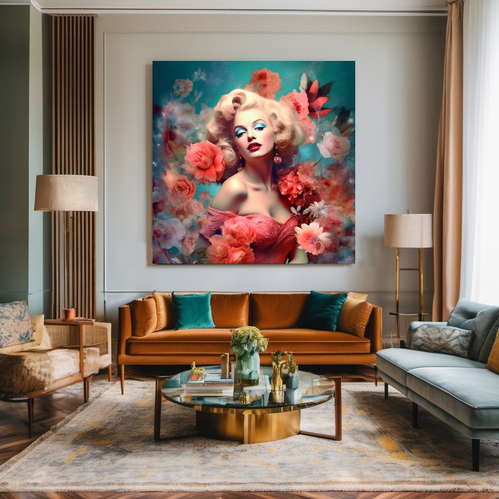 Floral Marilyn Monroe Art - Modern Pop Art Print on Canvas Stretched/Rolled – Large – Oil on Canvas – {{ product.title }} canvas artwork by Tanya Mirelle – modern wall decor – original artwork for home, living room, office, or gallery – original artwork by BETSY-ART GALLERY