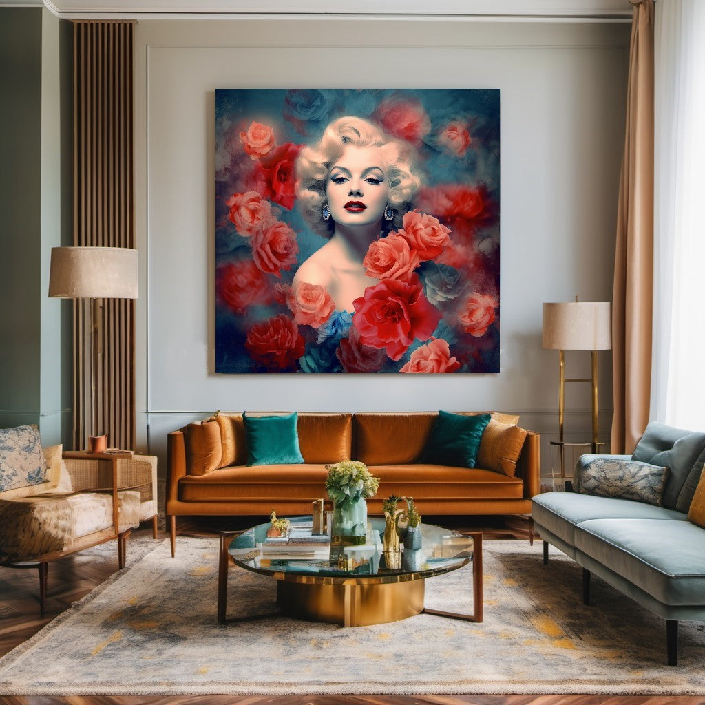 Floral Marilyn Monroe Art - Modern Pop Art Print on Canvas Stretched/Rolled – Large – Oil on Canvas – {{ product.title }} canvas artwork by Tanya Mirelle – modern wall decor – original artwork for home, living room, office, or gallery – original artwork by BETSY-ART GALLERY