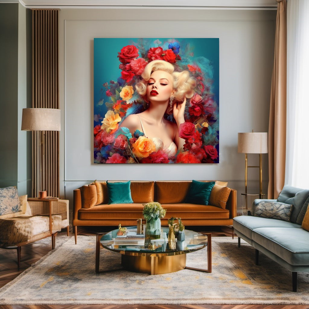 Floral Marilyn Monroe Art - Modern Pop Art Print on Canvas Stretched/Rolled – Large – Oil on Canvas – {{ product.title }} canvas artwork by Tanya Mirelle – modern wall decor – original artwork for home, living room, office, or gallery – original artwork by BETSY-ART GALLERY