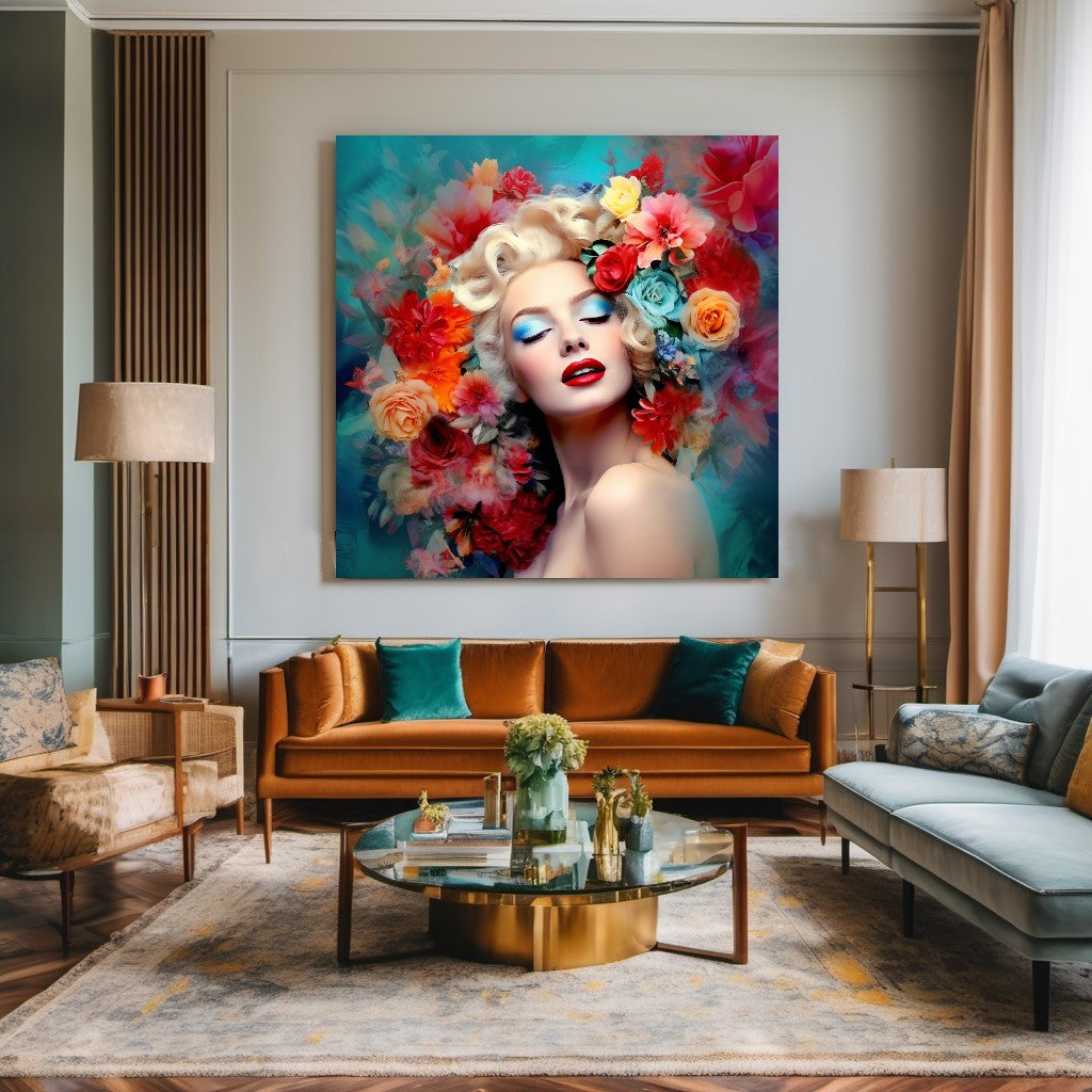 Floral Marilyn Monroe Art - Modern Pop Art Print on Canvas Stretched/Rolled – Large – Oil on Canvas – {{ product.title }} canvas artwork by Tanya Mirelle – modern wall decor – original artwork for home, living room, office, or gallery – original artwork by BETSY-ART GALLERY