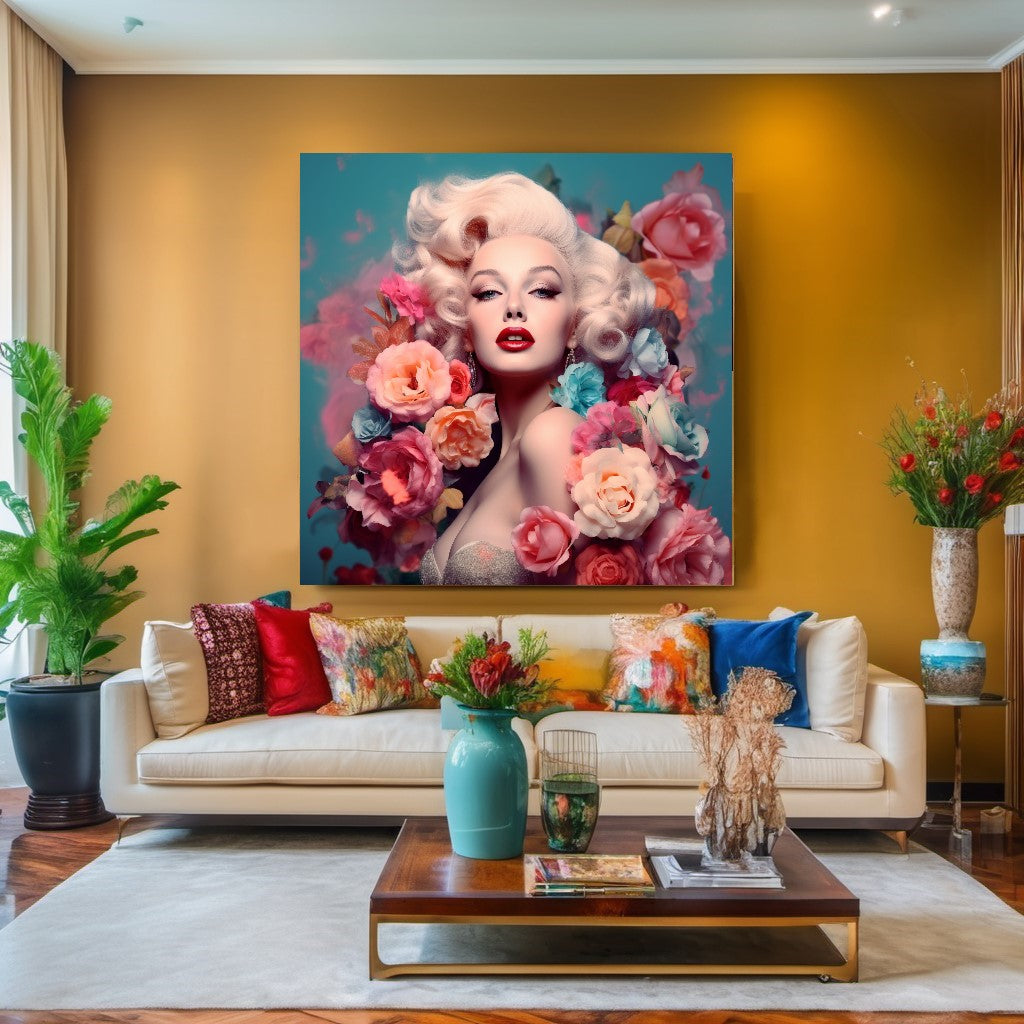 Floral Marilyn Monroe Art - Modern Pop Art Print on Canvas Stretched/Rolled – Large – Oil on Canvas – {{ product.title }} canvas artwork by Tanya Mirelle – modern wall decor – original artwork for home, living room, office, or gallery – original artwork by BETSY-ART GALLERY