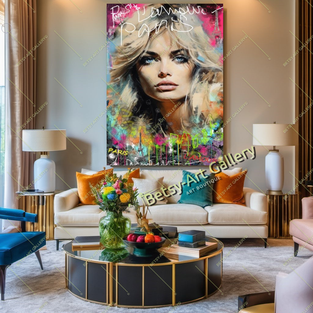 Brigitte Bardot Modern Pop Art Canvas Print – Large – Oil on Canvas – {{ product.title }} canvas artwork by Tanya Mirelle – modern wall decor – original artwork for home, living room, office, or gallery – original artwork by BETSY-ART GALLERY