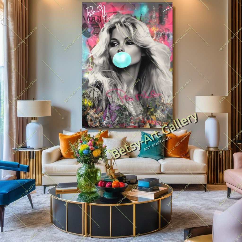 Brigitte Bardot Modern Iconic Pop Art Canvas Print – Large – Oil on Canvas – {{ product.title }} canvas artwork by Tanya Mirelle – modern wall decor – original artwork for home, living room, office, or gallery – original artwork by BETSY-ART GALLERY