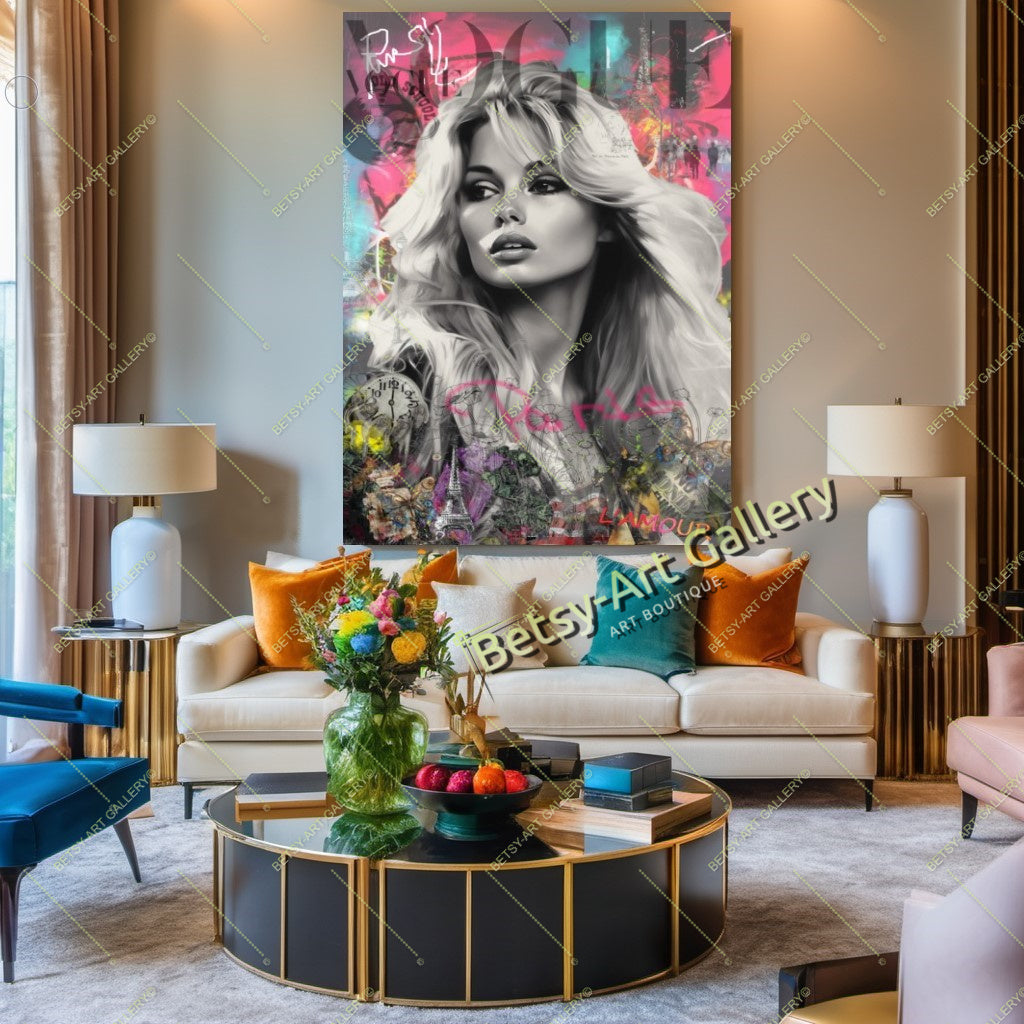 Brigitte Bardot Modern Iconic Pop Art Canvas Print – Large – Oil on Canvas – {{ product.title }} canvas artwork by Tanya Mirelle – modern wall decor – original artwork for home, living room, office, or gallery – original artwork by BETSY-ART GALLERY