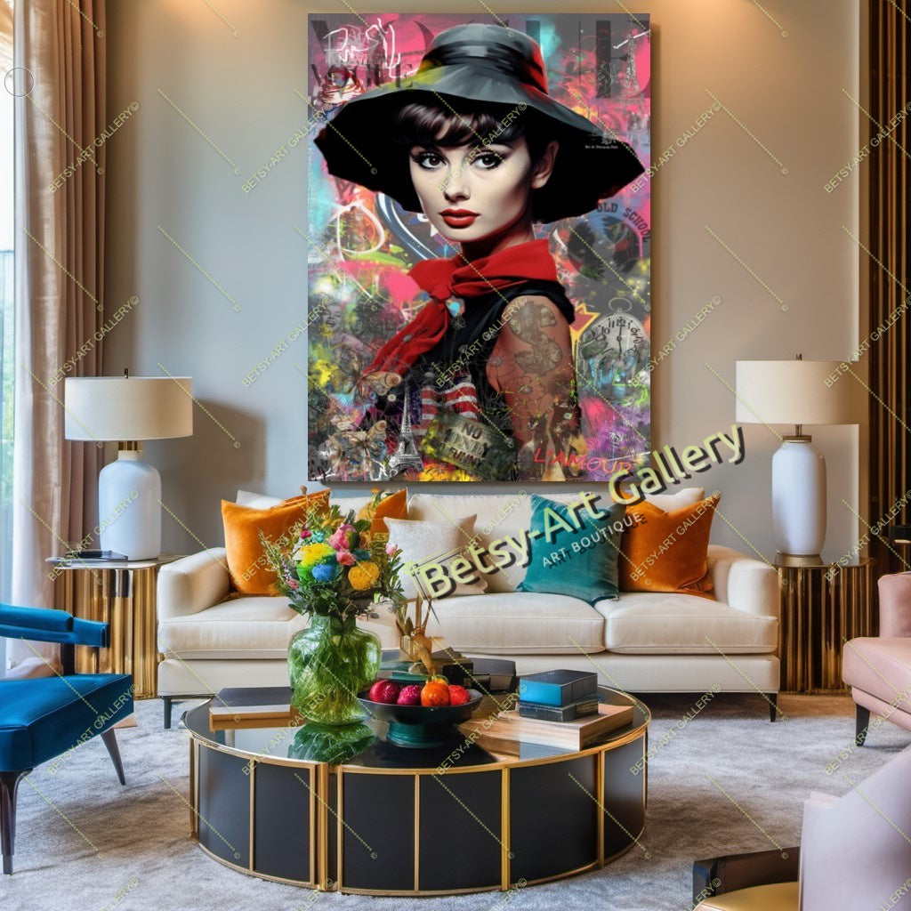 Red Black Drawing Audrey Hepburn - Modern Iconic Pop Art Canvas Print – Large – Oil on Canvas – {{ product.title }} canvas artwork by Tanya Mirelle – modern wall decor – original artwork for home, living room, office, or gallery – original artwork by BETSY-ART GALLERY