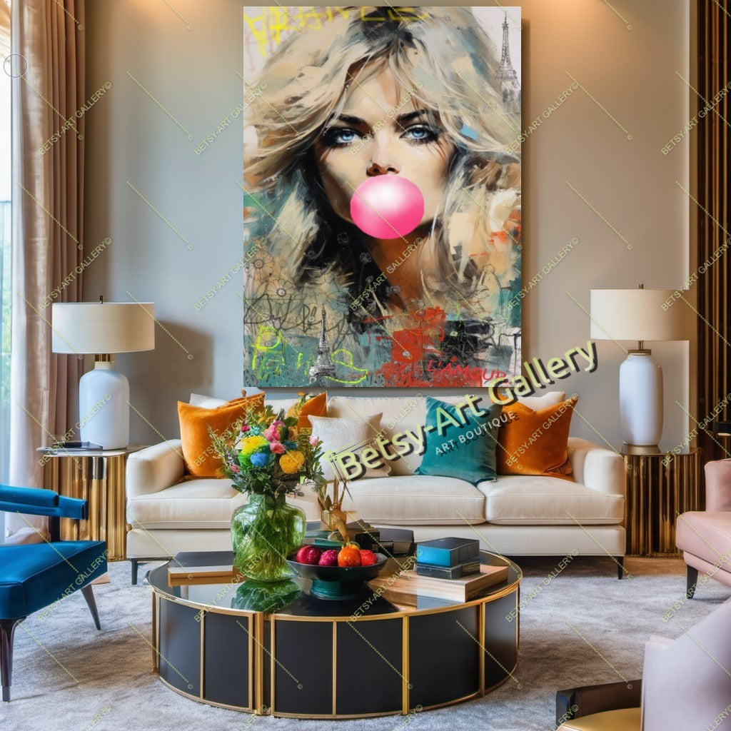 Brigitte Bardot Modern Pop Art Canvas Print – Large – Oil on Canvas – {{ product.title }} canvas artwork by Tanya Mirelle – modern wall decor – original artwork for home, living room, office, or gallery – original artwork by BETSY-ART GALLERY