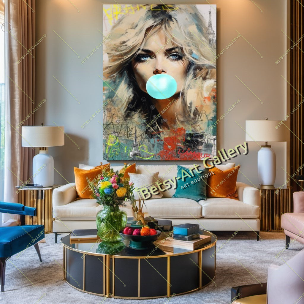Brigitte Bardot Modern Pop Art Canvas Print – Large – Oil on Canvas – {{ product.title }} canvas artwork by Tanya Mirelle – modern wall decor – original artwork for home, living room, office, or gallery – original artwork by BETSY-ART GALLERY