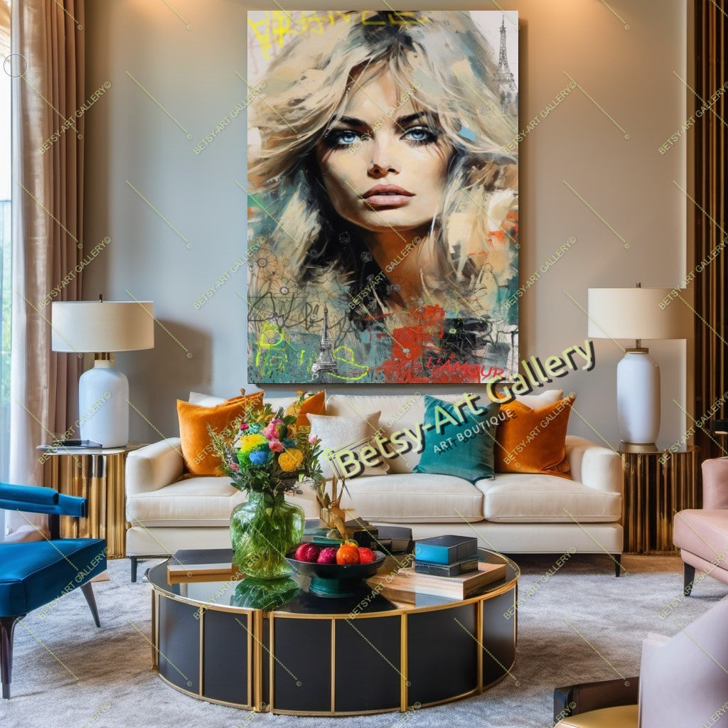Brigitte Bardot Modern Pop Art Canvas Print – Large – Oil on Canvas – {{ product.title }} canvas artwork by Tanya Mirelle – modern wall decor – original artwork for home, living room, office, or gallery – original artwork by BETSY-ART GALLERY
